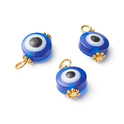 Dark Blue Iron Resin Beads Pendant, with Tibetan Style Alloy Daisy Spacer Beads, Flat Round with Evil Eye, Dark Blue, 17x10x6mm, Hole: 3~3.5mm