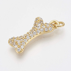 Golden Brass Micro Pave Cubic Zirconia Pendants, with Jump Rings, Bone, Clear, Golden, 19.5x8x3mm, Hole: 2.5mm