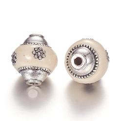 Floral White Handmade Indonesia Beads, Round, with Alloy Cores, Antique Silver, Floral White, 16x15mm, Hole: 2mm