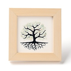 Green Aventurine Tree of Life Natural Green Aventurine Chips Picture Frame Stand, with Wood Square Frame, Feng Shui Money Tree Picture Frame Home Office Decoration, 66x130x120mm, Inner Diameter: 90x90mm