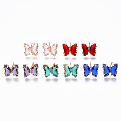 Mixed Color Cubic Zirconia Butterfly Stud Earrings with Glass, Brass Jewelry for Women, Long-Lasting Plated, Light Gold, Mixed Color, 10x11.5mm, Pin: 0.7mm