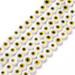 White Handmade Evil Eye Lampwork Flat Round Bead Strands, White, 6x3mm, Hole: 1mm, about 65pcs/strand
