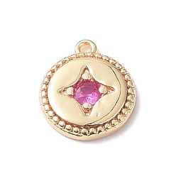 Violet Brass Charms, with Glass, Flat Round with Star Charm, Real 18K Gold Plated, Violet, 11.5x10x2mm, Hole: 0.9mm