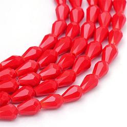 Red Opaque Solid Glass Bead Strands, Faceted Teardrop, Red, 7x5mm, Hole: 1mm, about 66~68pcs/strand, 19.6 inch