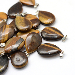 Tiger Eye Teardrop Natural Tiger Eye Pendants, with Platinum Tone Brass Findings, 25~29x16~17x5~6mm, Hole: 2x7mm