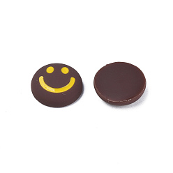 Coconut Brown Acrylic Enamel Cabochons, Flat Round with Smiling Face Pattern, Coconut Brown, 20x6.5mm