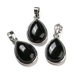 Obsidiana Colgantes naturales de obsidiana, dijes en forma de lágrima con broches de latón chapado en platino, 24x15x7.5 mm, agujero: 4x8 mm
