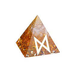Citrine Orgonite Pyramid Resin Display Decorations, with Brass Findings, Gold Foil and Natural Citrine Chips Inside, for Home Office Desk, 50mm