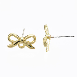 Light Gold Alloy Stud Earring Findings, with Loop and Steel Pin, Bowknot, Cadmium Free & Lead Free, Light Gold, 8x14mm, Hole: 1.4mm, Pin: 0.7mm