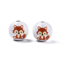 Fox Animal Theme Printed Wooden Beads, Round, Fox Pattern, 15.5~16x15mm, Hole: 3.5mm
