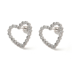 Stainless Steel Color Crystal Rhinestone Hollow Out Heart Stud Earrings, 304 Stainless Steel Jewelry for Women, Stainless Steel Color, 16x18x1.5mm, Pin: 0.8mm