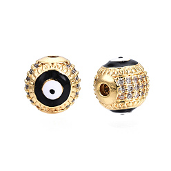 Mixed Color Brass Micro Pave Cubic Zirconia Beads, with Enamel, Real 18K Gold Plated, Round with Evil Eye, Nickel Free, Black, 10mm, Hole: 2mm