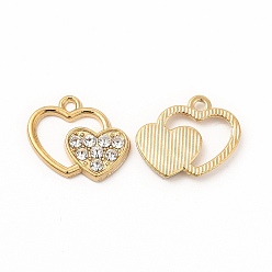 Golden Alloy Rhinestone Charms, Double Heart, Golden, 14.5x17.5x2mm, Hole: 1.5mm