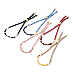 Mixed Stone Adjustable Slider Bracelets, Nylon Cord Bracelets, with Natural Gemstone Beads and Brass Beads, Golden, Inner Diameter: 3/4 inch~3-3/4 inch(2~9.5cm)