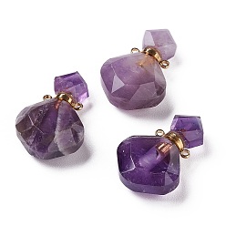 Amethyst Rhombus Natural Amethyst Perfume Bottle Pendants, with 304 Stainless Steel Findings, Faceted, Golden, 26~27x17~17.5x8~8.5mm, Hole: 1.4mm, Capacity: about 2ml(0.06 fl. oz)