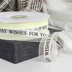 Floral White Printed Polyester Satin Ribbon, Word Best Wishes For You, Floral White, 1 inch(24mm), about 44.84 Yards(41m)/Roll
