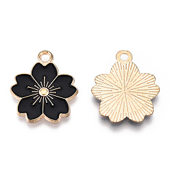 Black Alloy Enamel Pendants, Sakura Flower, Light Gold, Black, 20.5x17.5x1.5mm, Hole: 2mm