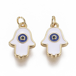 White Enamel Charms, with Brass Findings and Cubic Zirconia, Hamsa Hand/Hand of Fatima/Hand with Eye, Golden, White, 14.5x10x2mm, Hole: 3mm