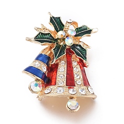Colorful Golden Plated Alloy Brooches, with Rhinestone and Enamel, Christmas Bell, for Christmas, Colorful, 42.5x29.5x9.5mm, Pin: 0.8mm