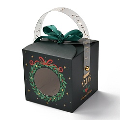Christmas Wreath Christmas Folding Gift Boxes, with Transparent Window and Ribbon, Gift Wrapping Bags, for Presents Candies Cookies, Christmas Wreath, 9x9x15cm