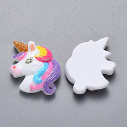 Colorful Resin Cabochons, with Glitter Powder, Unicorn, Colorful, 25.5x24x5mm