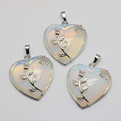 Opalite Colgantes Opalite corazón, con engastes colgantes de latón chapado en platino, 36x31~33 mm, agujero: 6 mm