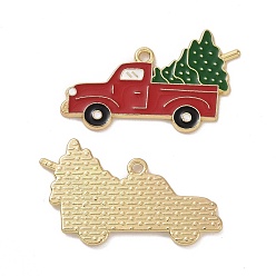 Roja Colgantes de esmalte de aleación de chapado en estante de tema navideño, camiones en tono dorado claro con dijes de árbol de navidad, rojo, 21.5x35.5x1.5 mm, agujero: 1.7 mm
