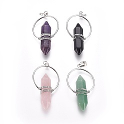 Mixed Stone Natural Mixed Stone Wire Wrapped Pointed Big Pendants, Double Terminated Pointed, with Brass Findings, Bullet, Platinum, 53~55x30~32x11.5mm, Hole: 7.5x4mm