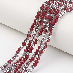 Rojo Oscuro Electrochapa hilos de perlas de vidrio opacas, chapado en plata medio, facetados, Rondana plana, de color rojo oscuro, 8x6 mm, agujero: 1 mm, sobre 65~68 unidades / cadena, 15.7~16.1 pulgada (40~41 cm)