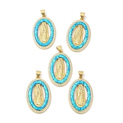 Real 18K Gold Plated Rack Plating Brass Micro Pave Cubic Zirconia with Synthetic Opal Pendants, with Jump Ring, Lead Free & Cadmium Free, Long-Lasting Plated, Oval with Saint, Real 18K Gold Plated, 32.5x20.5x2.3mm, Hole: 5x3.5mm
