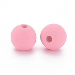 Pink Rubberized Style Acrylic Beads, Round, Pink, 15.5x14.5mm, Hole: 3.5mm