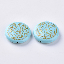 Dark Turquoise Plating Acrylic Beads, Golden Metal Enlaced, Flat Round, Dark Turquoise, 24.5x6.5mm, Hole: 1.5mm, about 180pcs/500g