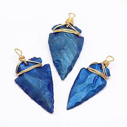 Blue Plated Electroplated Quartz Crystal Pendants, with Brass Finding, Golden, Arrowhead, Blue Plated, 48~53x20~26x6~9mm, Hole: 4mm
