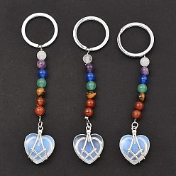 Opalite Llavero corazón opalita, con cuentas de piedras preciosas de chakra y accesorios de latón chapado en bastidor en tono platino, 10.5 cm