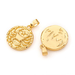 Cancer Brass Pendants, Textured, Flat Round with Constellation/Zodiac Sign, Real 18K Gold Plated, Cancer, 16.5x14x2mm, Hole: 5x2.5mm