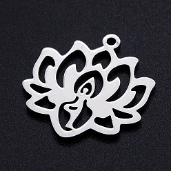 Stainless Steel Color 201 Stainless Steel Pendants, Filigree Joiners Findings, for Chakra, Laser Cut, Lotus Flower with Yoga, Stainless Steel Color, 21.5x19.5x1mm, Hole: 1.4mm