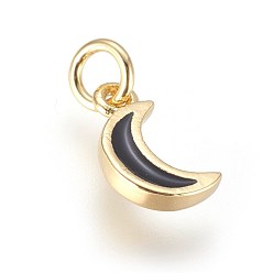 Golden Enamel Brass Charms, with Jump Ring, Moon, Black, Golden, 10x6x2mm, Hole: 3mm