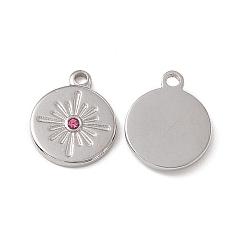 Stainless Steel Color 201 Stainless Steel Charms, Rose Rhinestone Flat Round with Star, Stainless Steel Color, 13x10.5x2mm, Hole: 1.2mm