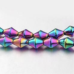 Multi-color Plated Electroplate Non-magnetic Synthetic Hematite Bead Strands, Bicone, Multi-color Plated, 5.5x4mm, Hole: 1mm, about 72pcs/strand, 15.7 inch