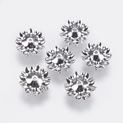 Real Platinum Plated Multi-Petal Brass Bead Caps, Flower, Real Platinum Plated, 11x5.5mm, Hole: 1mm