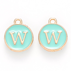 Letter W Golden Plated Alloy Enamel Charms, Cadmium Free & Lead Free, Enamelled Sequins, Flat Round with Letter, Turquoise, Letter.W, 14x12x2mm, Hole: 1.5mm