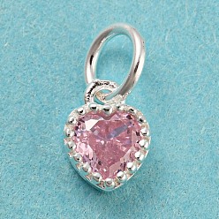 Pink 925 encantos de plata esterlina, con circonita, corazón facetado, plata, rosa, 7x5x3 mm, agujero: 3 mm