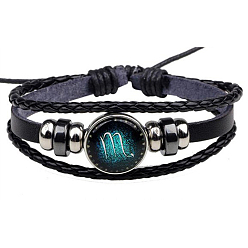 Scorpio Constellation Glass Link Multi-strand Bracelet, PU Leather Braided Triple Layer Gothic Bracelet for Men Women, Scorpio, 7-1/8~9-7/8 inch(18~25cm)