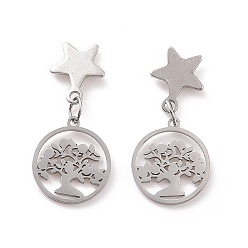 Stainless Steel Color 304 Stainless Steel Star with Tree Dangle Stud Earrings for Women, Stainless Steel Color, 25.5mm, Pin: 0.8mm