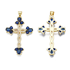 Dark Blue Brass Micro Pave Cubic Zirconia Pendants, with Brass Snap on Bails, Real 18K Gold Plated, Nickel Free, Cross, Dark Blue, 42x27.5x5mm, Hole: 3x5mm