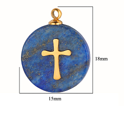 Lapis Lazuli Naturelles lapis-lazuli pendentifs, charmes rondes plates, avec tranche en croix en acier inoxydable doré, 18~19x15x3.7~4.1mm