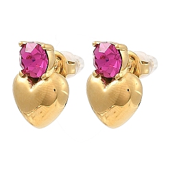 Deep Pink Glass Heart Stud Earrings, Real 18K Gold Plated 304 Stainless Steel Earrings, Deep Pink, 16x16mm