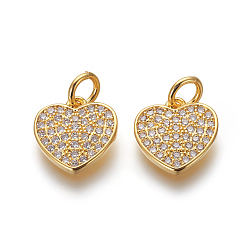 Golden Brass Micro Pave Cubic Zirconia Charms, Lead Free & Cadmium Free, Clear, Heart, Golden, 10.5x10.5x1.5mm, Hole: 3mm