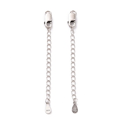 Antique Silver 925 Sterling Silver Chain Extenders, with Lobster Claw Clasps & Charms, Teardrop, Antique Silver, 64x2.5mm, Hole: 2.4mm