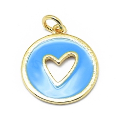 Bleu Dodger Laiton émail pendentifs, rond avec coeur découpé, réel 18 k plaqué or, plaqué longue durée, Dodger bleu, 18x15.5x1mm, trou: 3 mm, anneaux sautés: 5x0.7 mm